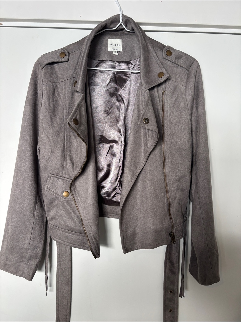 Ellison Taupe Gray Suede-Look Moto Jacket